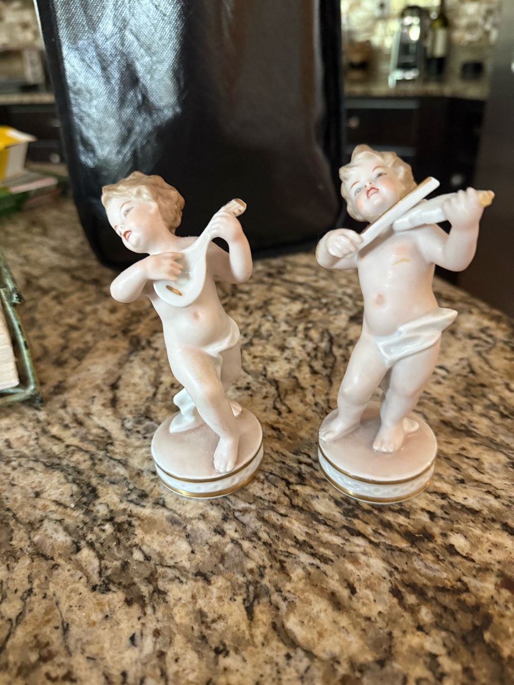Porcelain Cherub Figurine Pair with Gold Trim in White